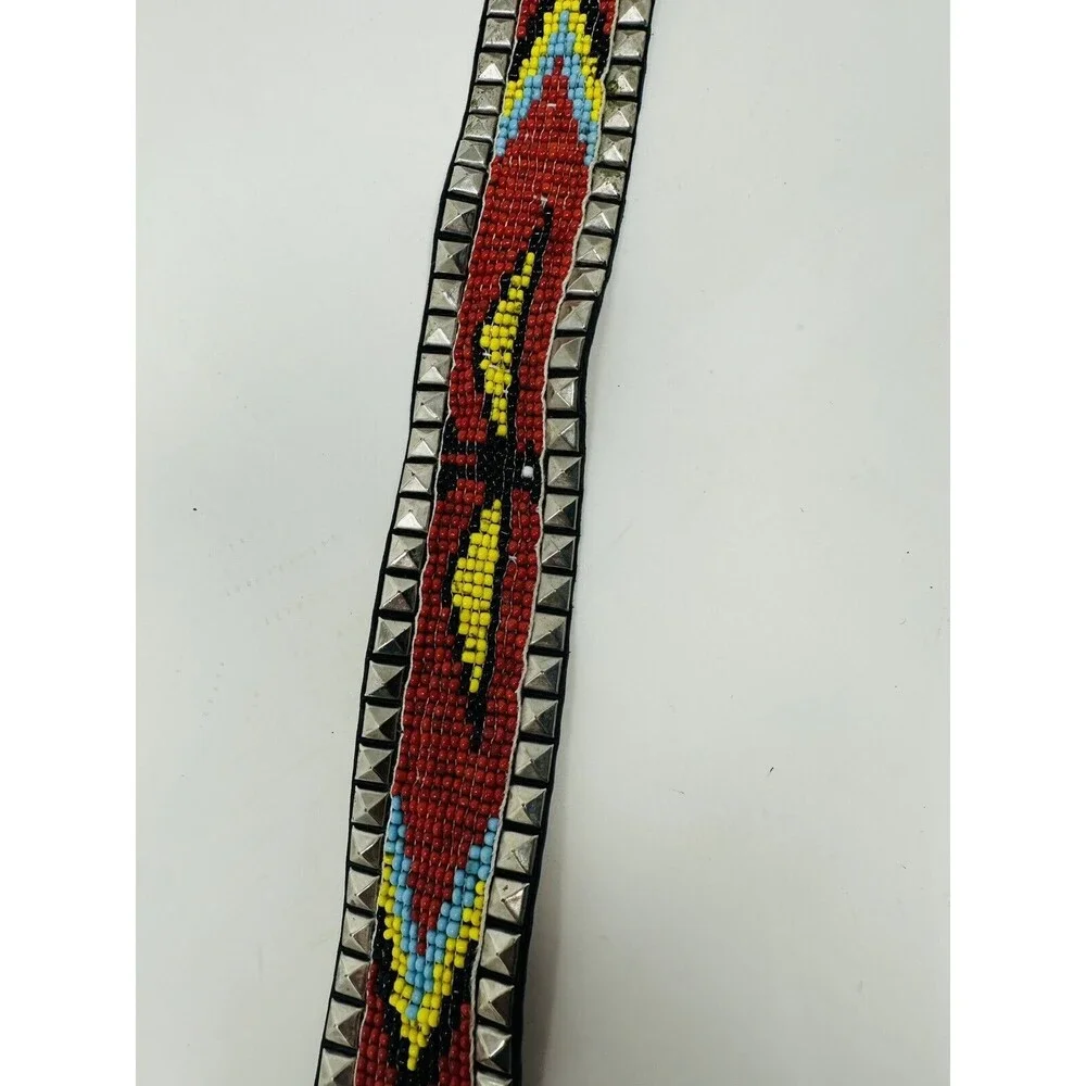 Vintage Gorgeous laced‎ Beaded Leather Belt 28 Long   Blue And Red All Beaded